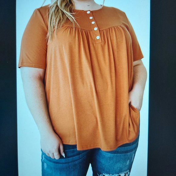 057. Orange Black Buttons Ruched O Neck Short Sleeve Plus Size Top  Size 4X - Picture 7 of 16
